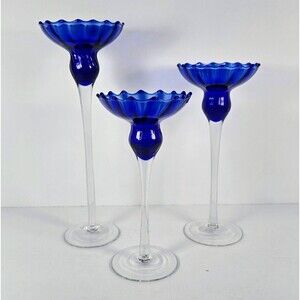 Set of 3 Cobalt Blue Stemmed Glass Candlestick Holders Elegant